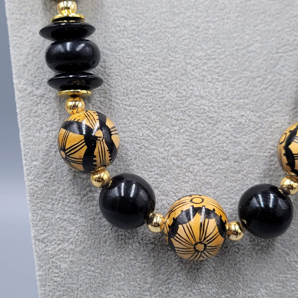 Vintage Large Bead Statement Necklace Pierced Earring Set Tan Black Gold tone