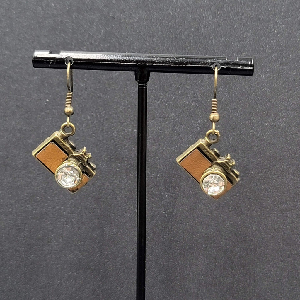 New Rhinestone Camera Pierced Earrings Bronze tone Dangle 3/4"