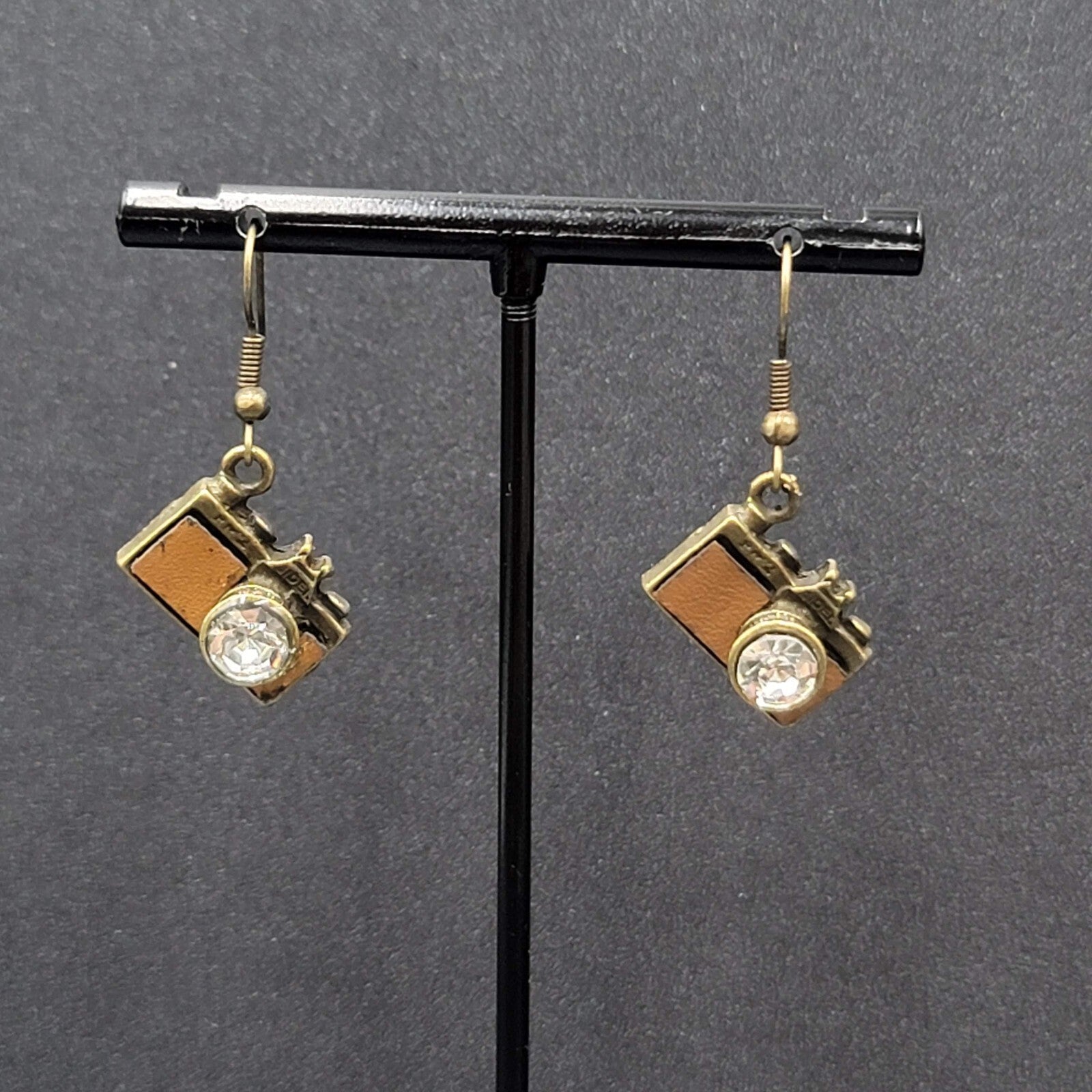 New Rhinestone Camera Pierced Earrings Bronze tone Dangle 3/4"