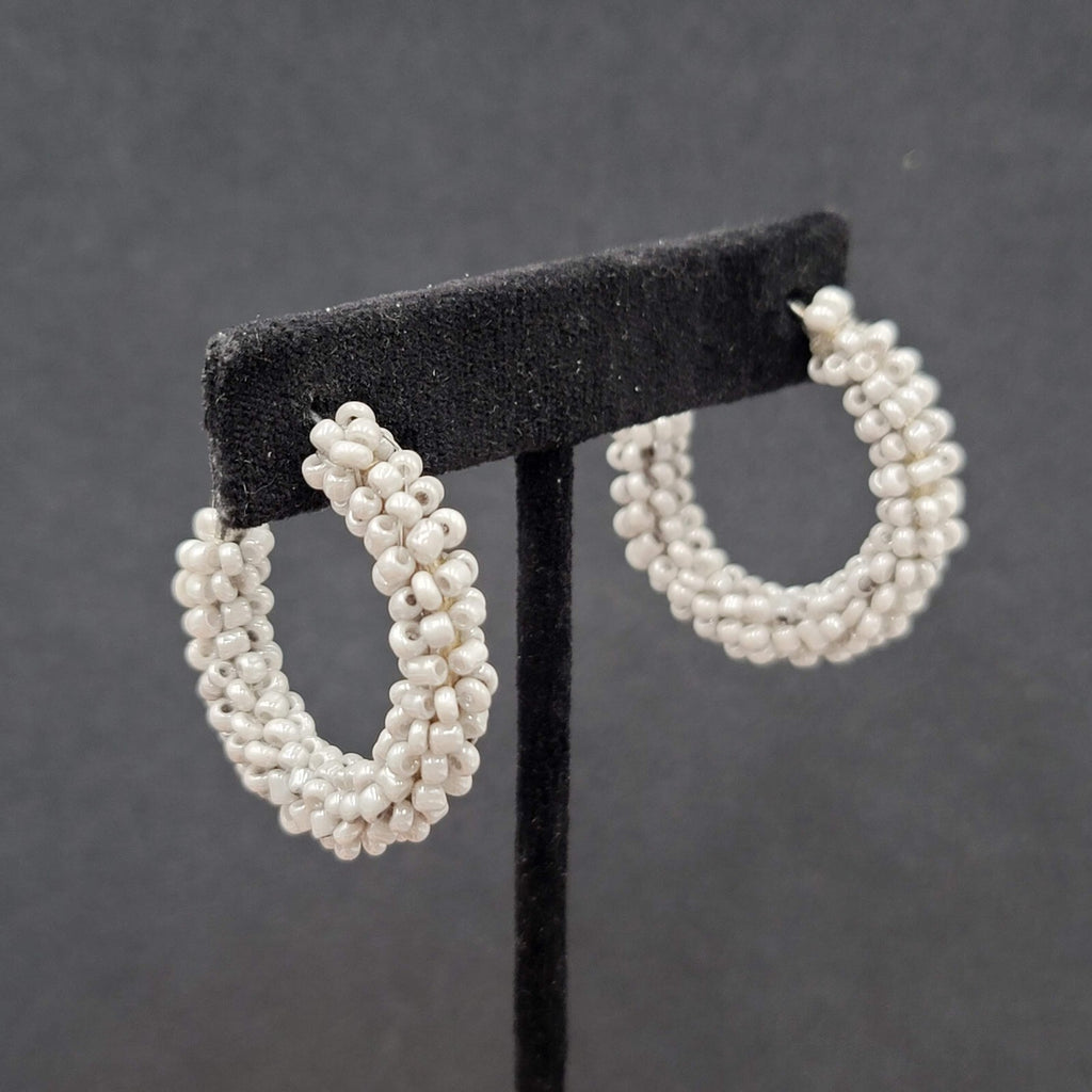 Pierced Earrings Light Gray Seed Bead Covered Hoops 1.25"