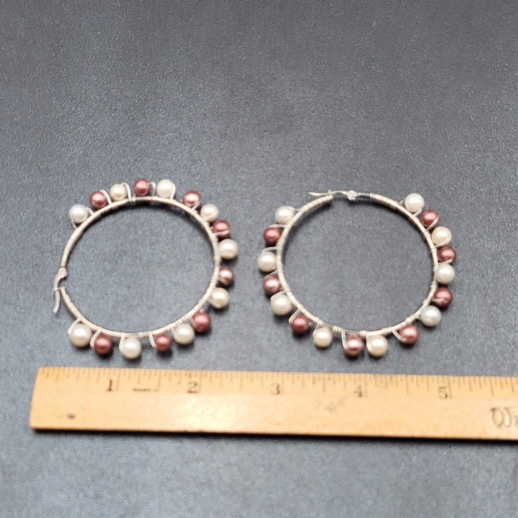 Pierced Earrings Silver tone Purple White Beaded Large Hoops 2.25"