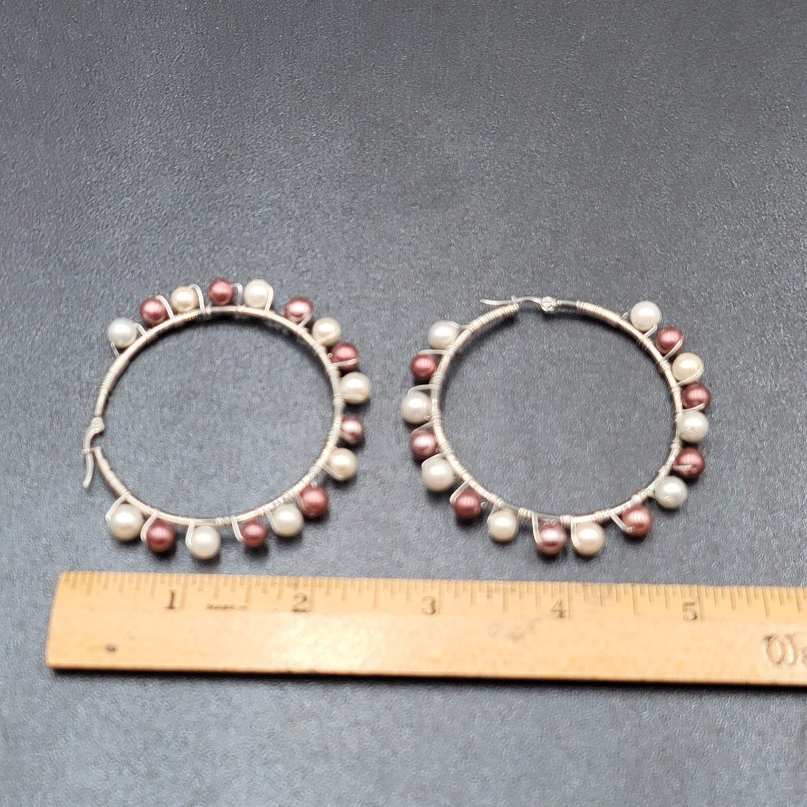 Pierced Earrings Silver tone Purple White Beaded Large Hoops 2.25"