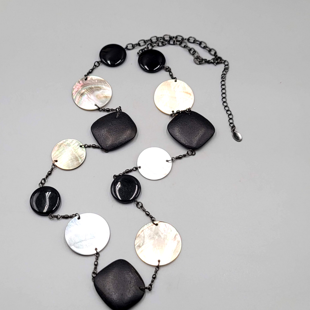Cookie Lee Black Wood Shell Station Necklace Statement Long 30"+