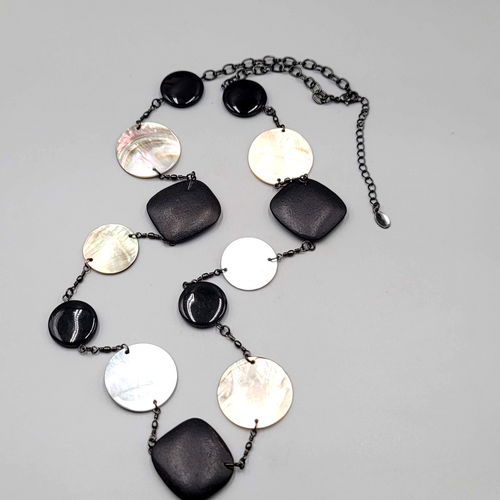 Cookie Lee Black Wood Shell Station Necklace Statement Long 30"+