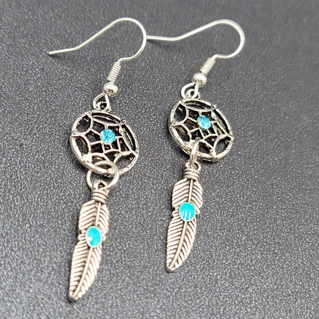 Dreamcatcher Pierced Earrings Silver tone Blue Rhinestone Enamel Feather  1 5/8"