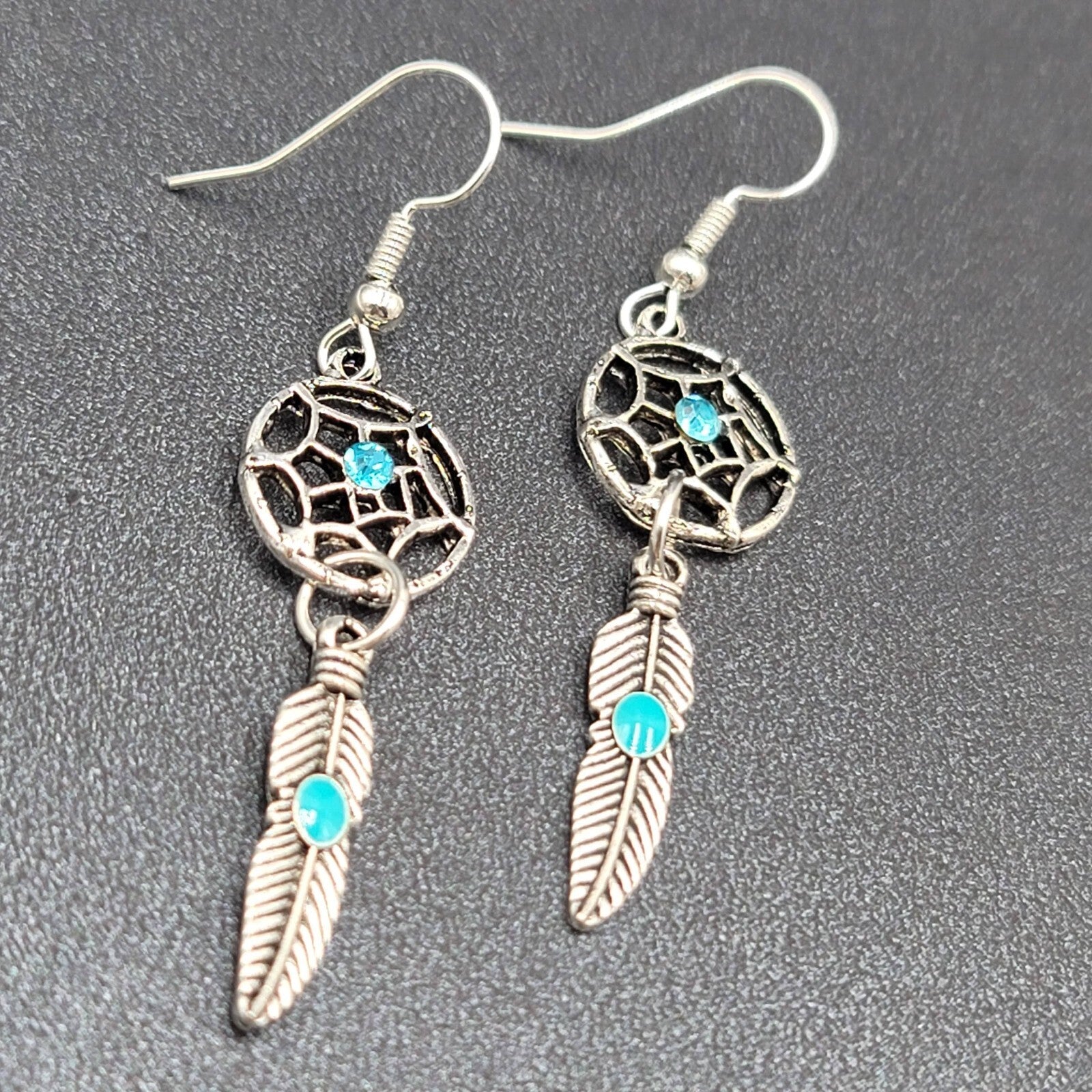 Dreamcatcher Pierced Earrings Silver tone Blue Rhinestone Enamel Feather  1 5/8"