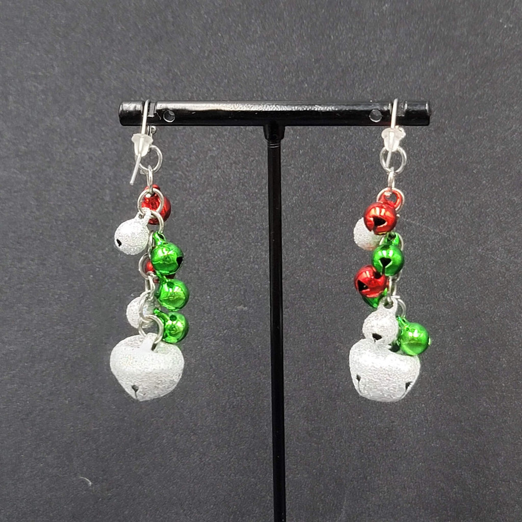Christmas Pierced Earrings Green Red Silver Glitter Bells Dangle 2"