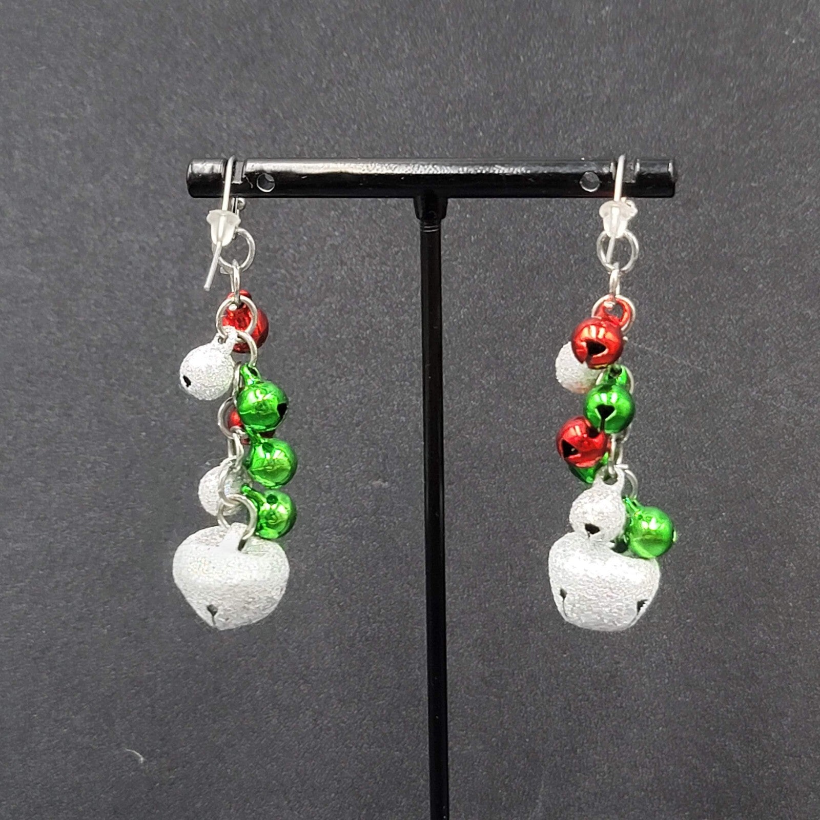 Christmas Pierced Earrings Green Red Silver Glitter Bells Dangle 2"