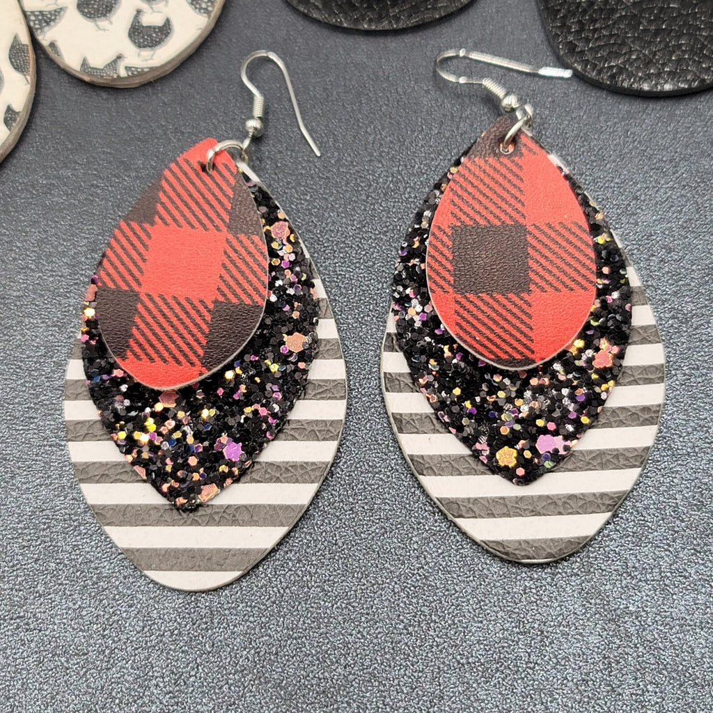 Lot of 9 Pierced Earrings Teardrop Dangle Multicolor Faux Leather Felt Denim