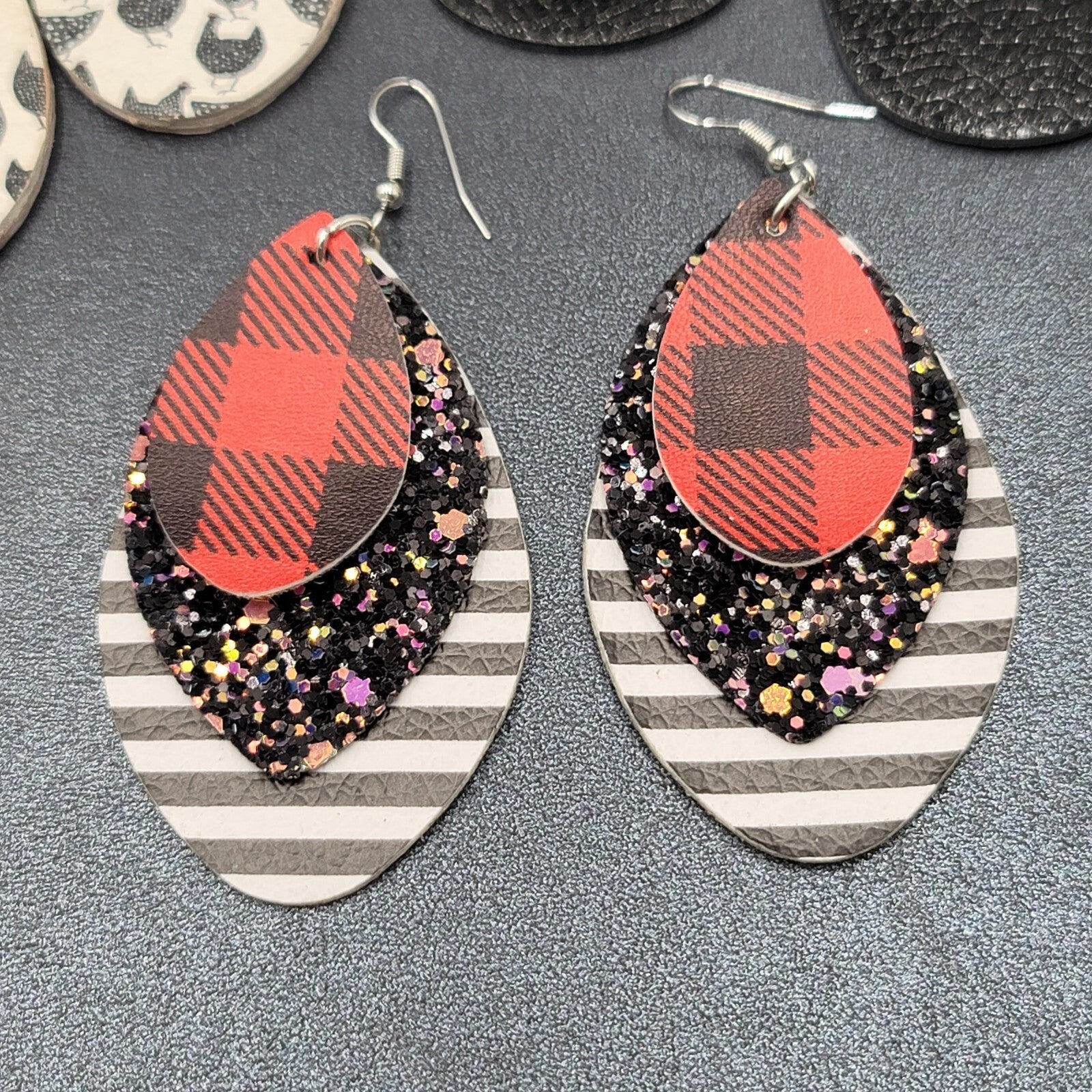 Lot of 9 Pierced Earrings Teardrop Dangle Multicolor Faux Leather Felt Denim