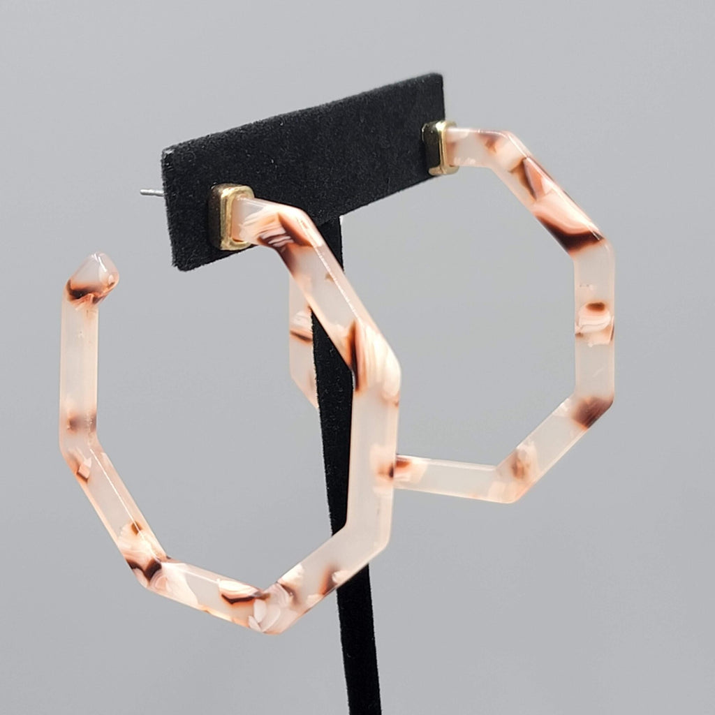 Resin Octagon Hoops Pierced Earrings Pink White Brown Swirl 2"