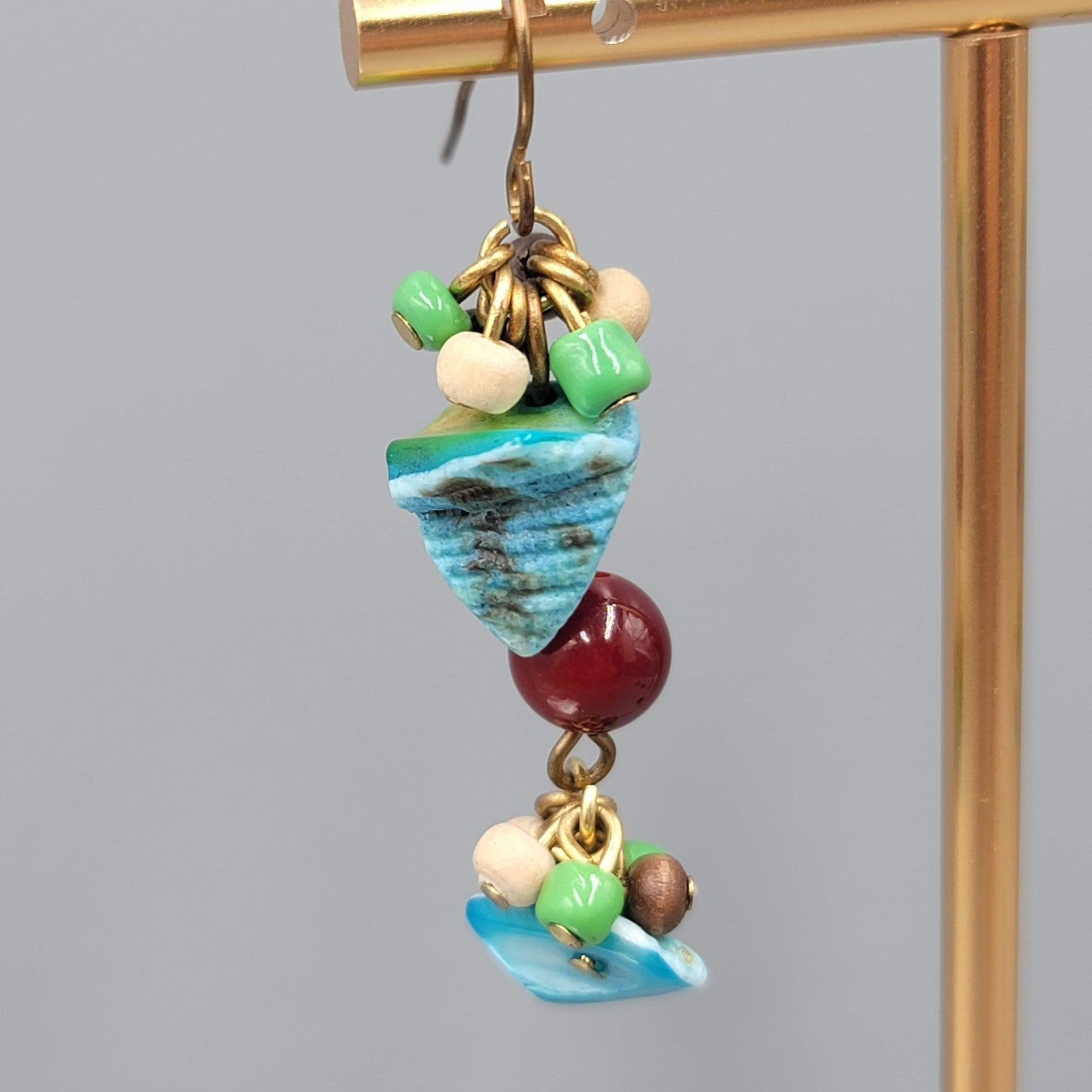 Real Shell Wood Glass Bead Pierced Earrings Silver tone Dangle 1.75"
