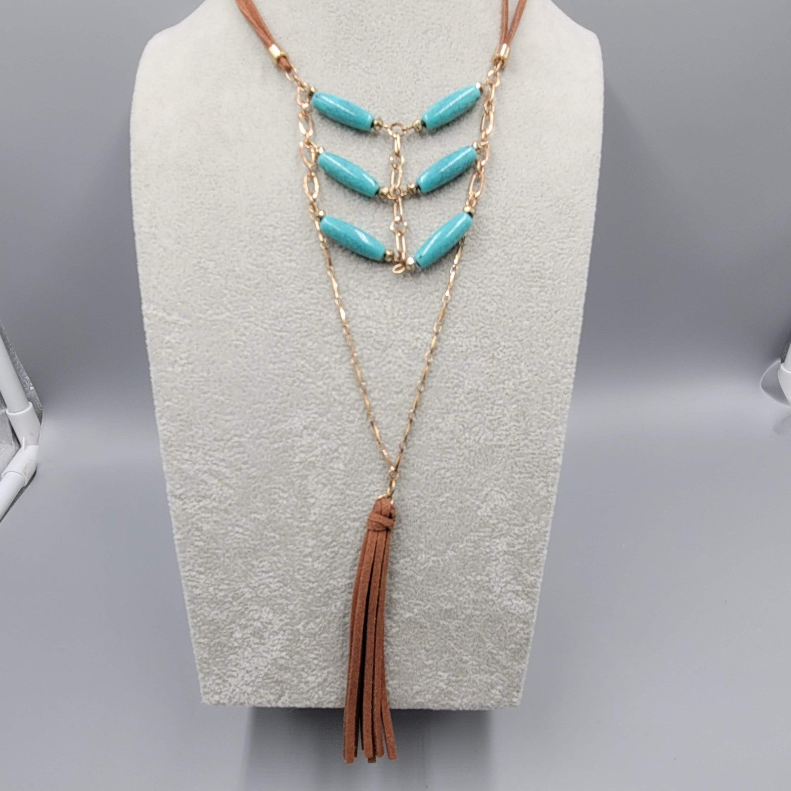 LONG Leather Southwest Style Necklace Blue Bead 40"