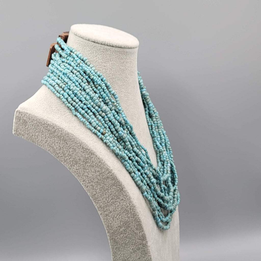 Artisan Necklace 14 Strand Blue Seed Bead Wood Clasp Statement 18"