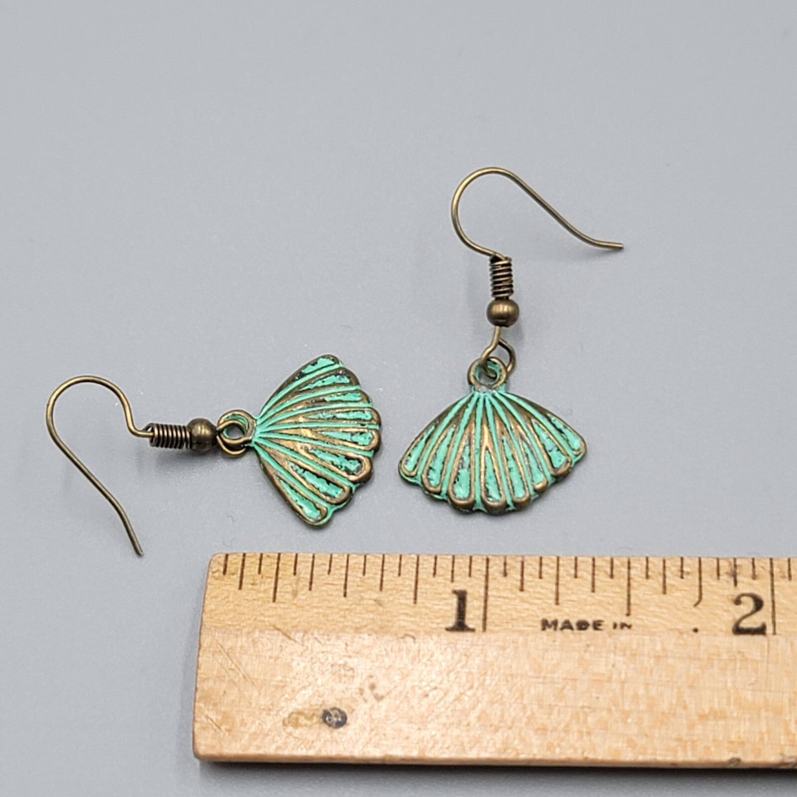 Shell Beach Sealife Pierced Earrings Bronze tone Green wash Dangle Embossed 5/8"