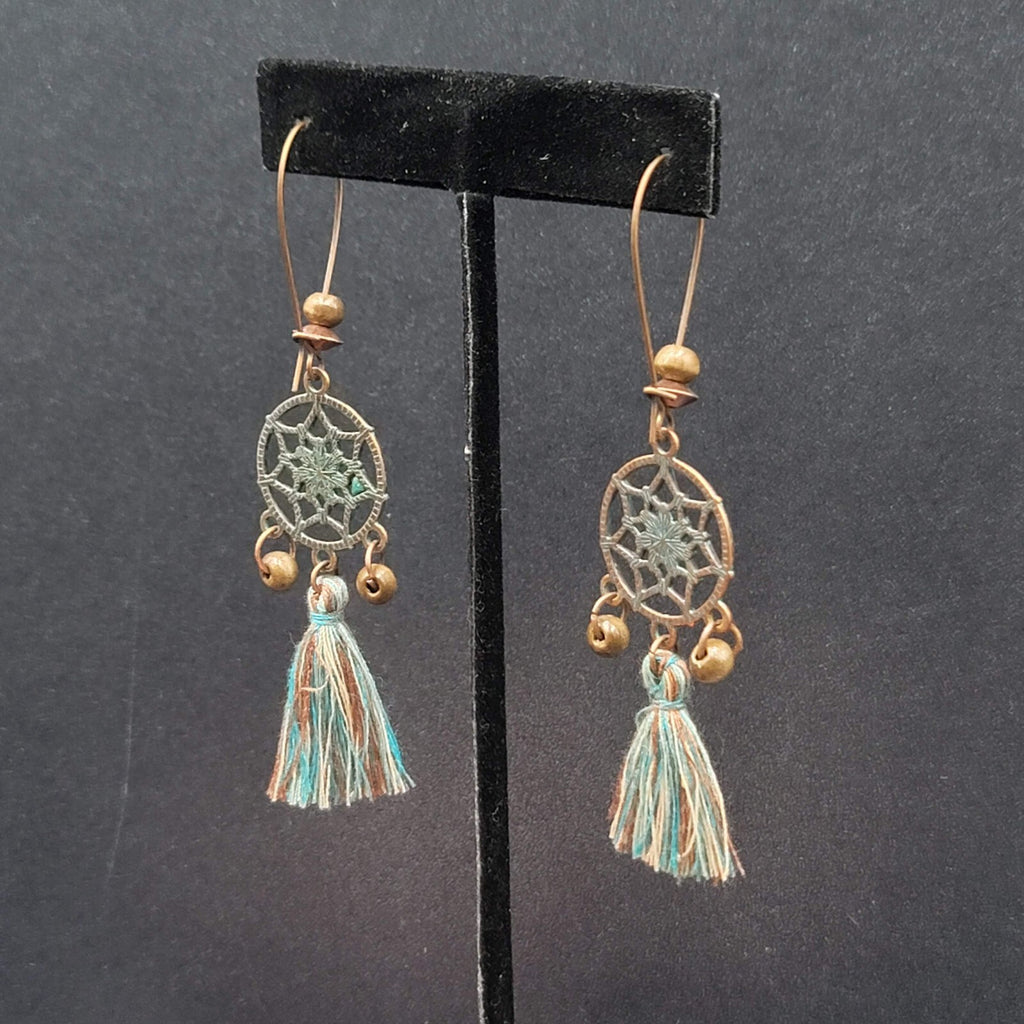 New Boho Pierced Earrings Copper tone Dreamcatcher Wood Bead Blue Tassel 2"