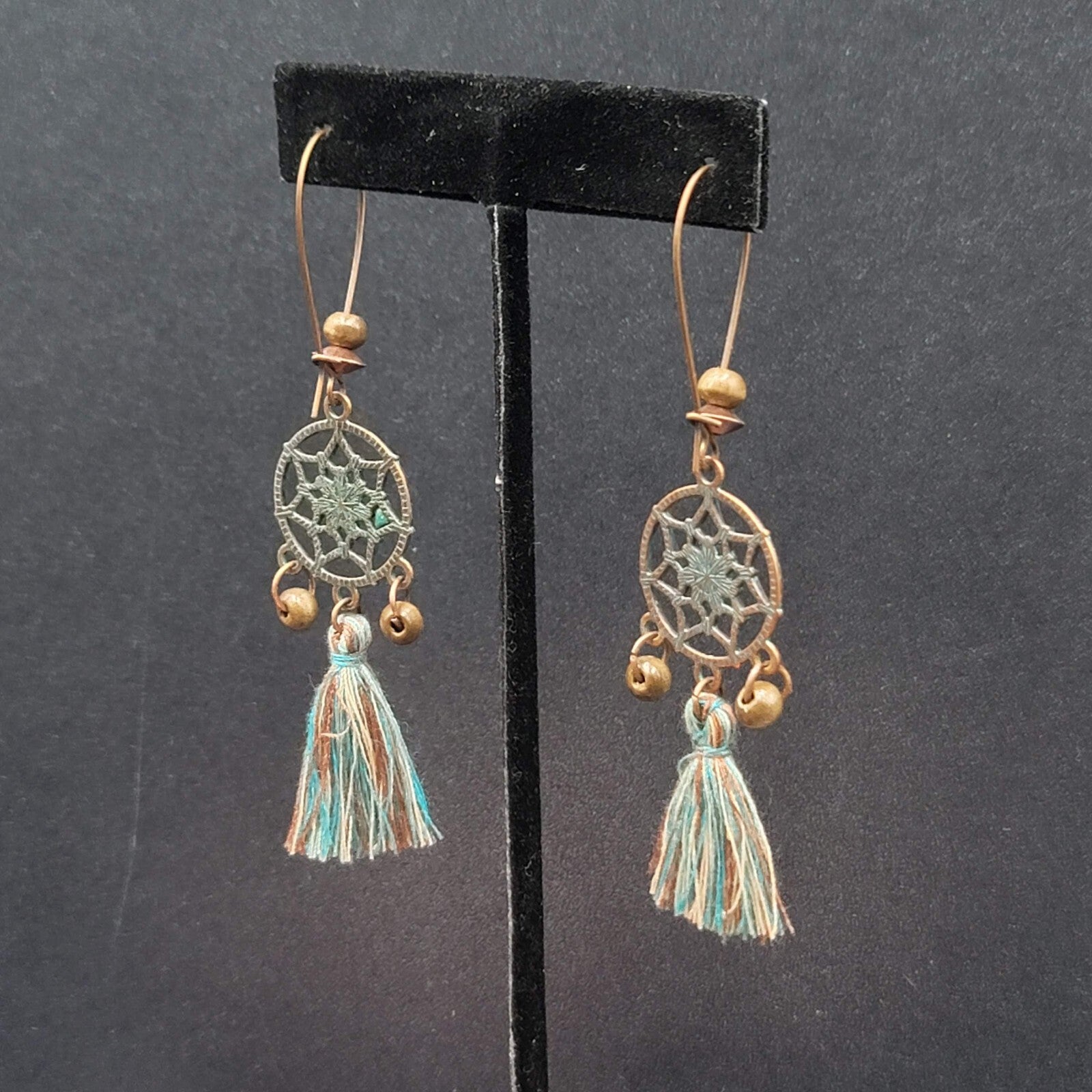 New Boho Pierced Earrings Copper tone Dreamcatcher Wood Bead Blue Tassel 2"