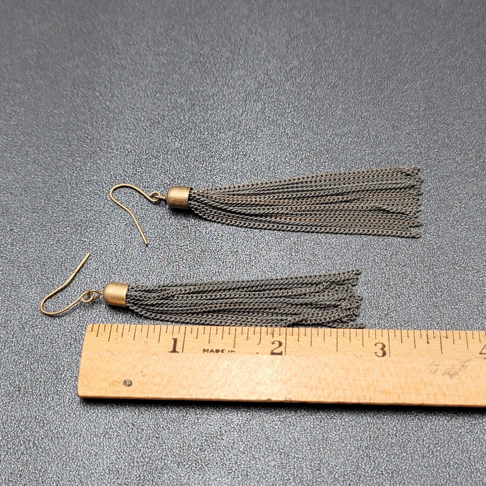 Pierced Earrings Gold tone Gray Multi Dangle Chains 2.75"