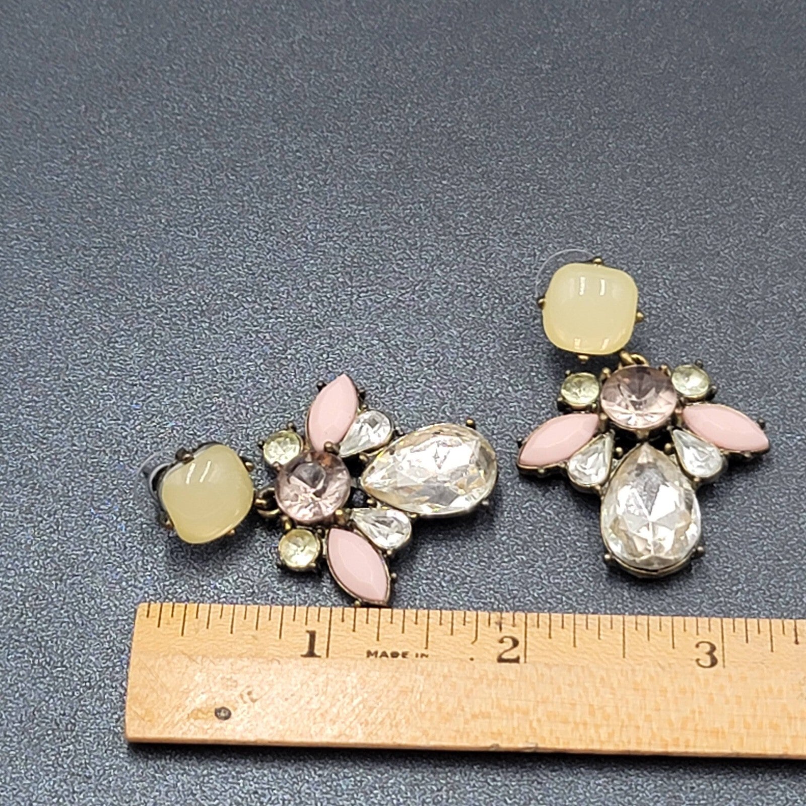 Pierced Earrings Antiqued Gold tone Multicolor Faceted Accent Acrylic 1 7/8"