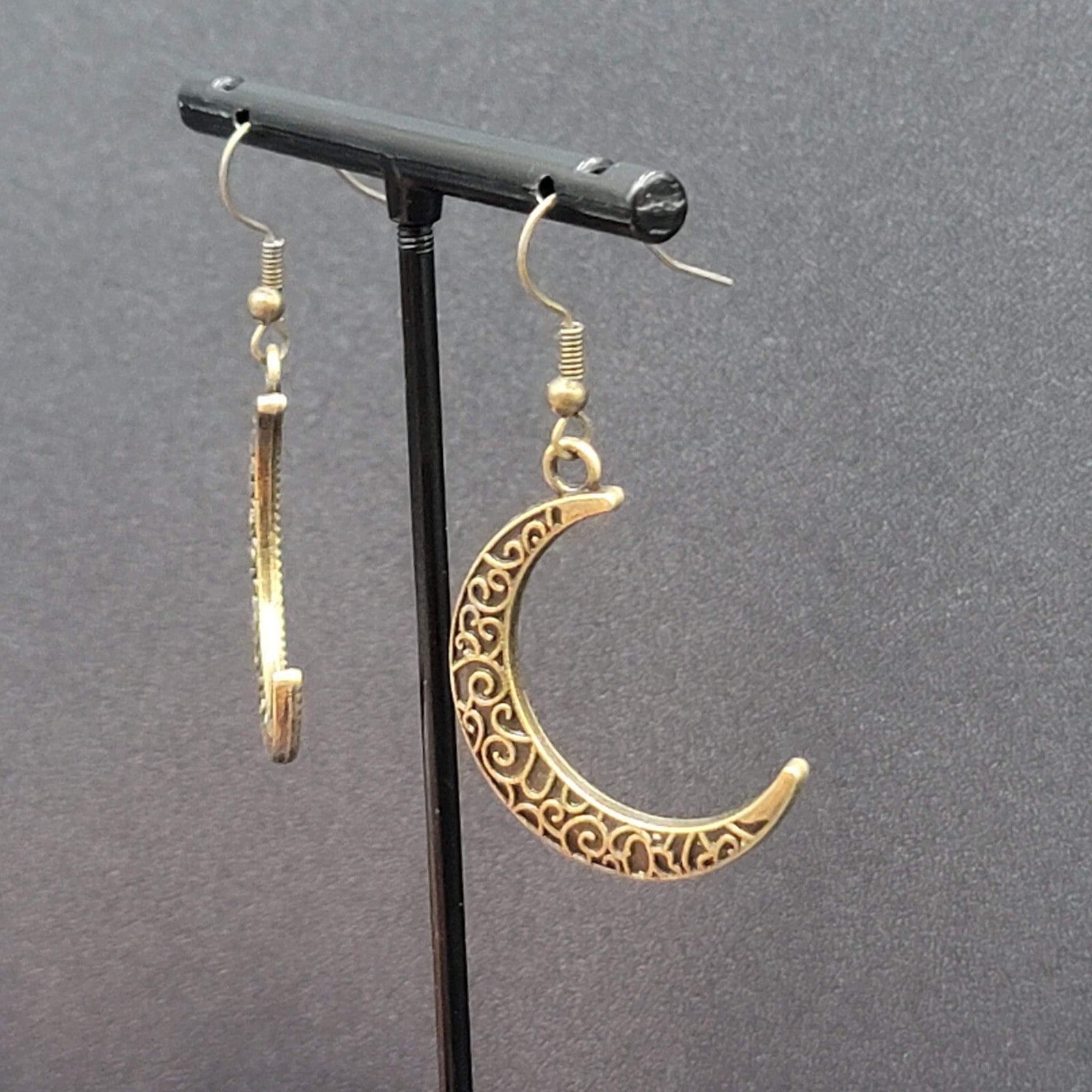 New Crescent Moon Pierced Earrings Embossed Pattern Bronze tone Dangle 1.25"