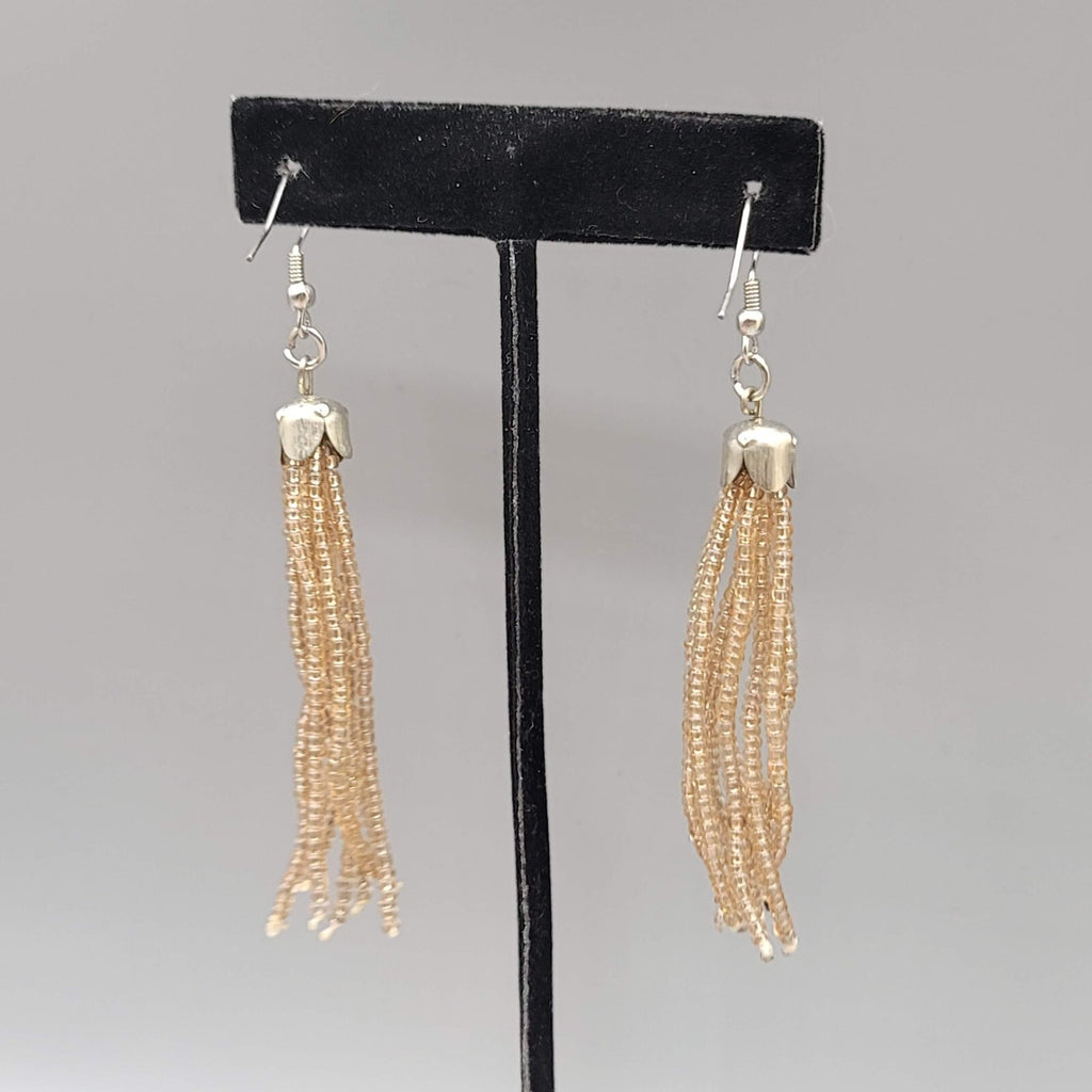 Tassel Pierced Earrings Silver tone Clear Tan Seed Bead Dangle 2.75"