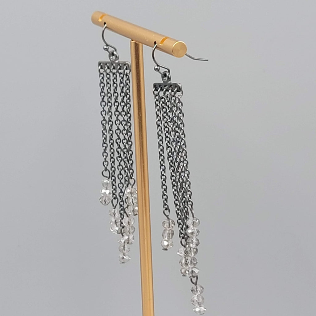 Black Metal Pierced Earrings Long Dangle Chains Beaded 3"