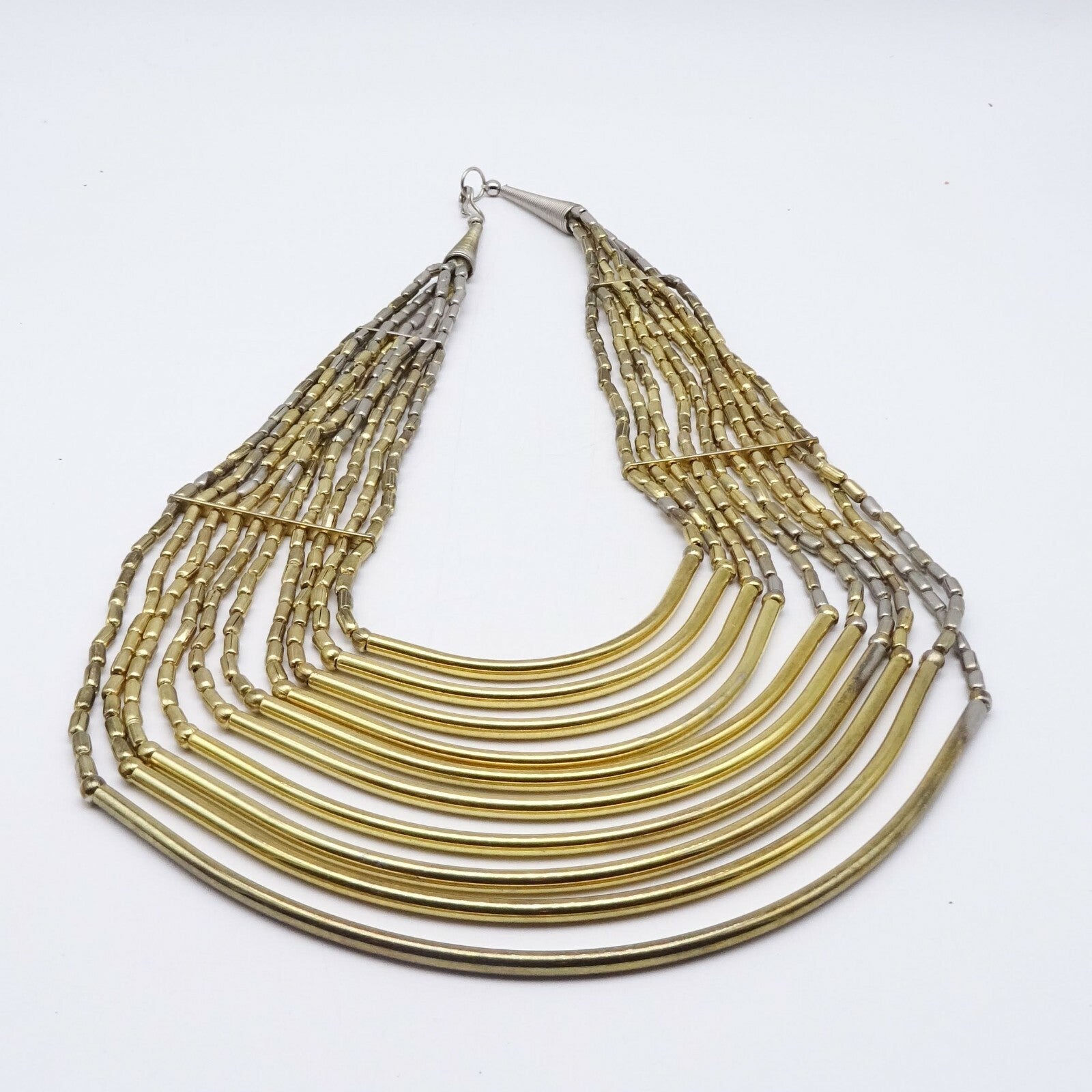 Large Multi Strand Statemet Necklace 18" Two-toned Gold & Silver Metal Beads