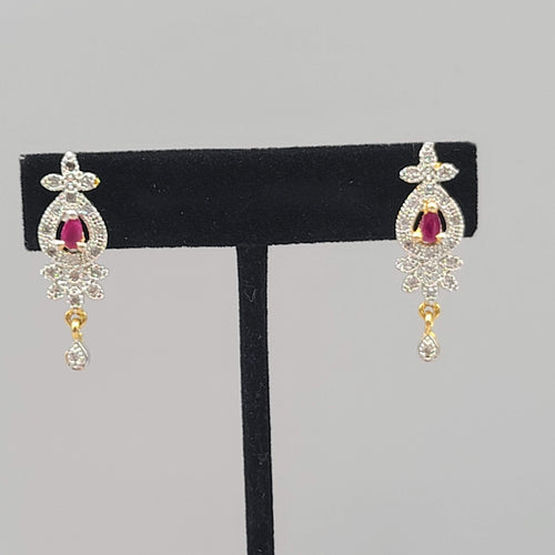 Bollywood Style Pierced Earrings Gold Plated Red Center Stone Dangle 1.25"