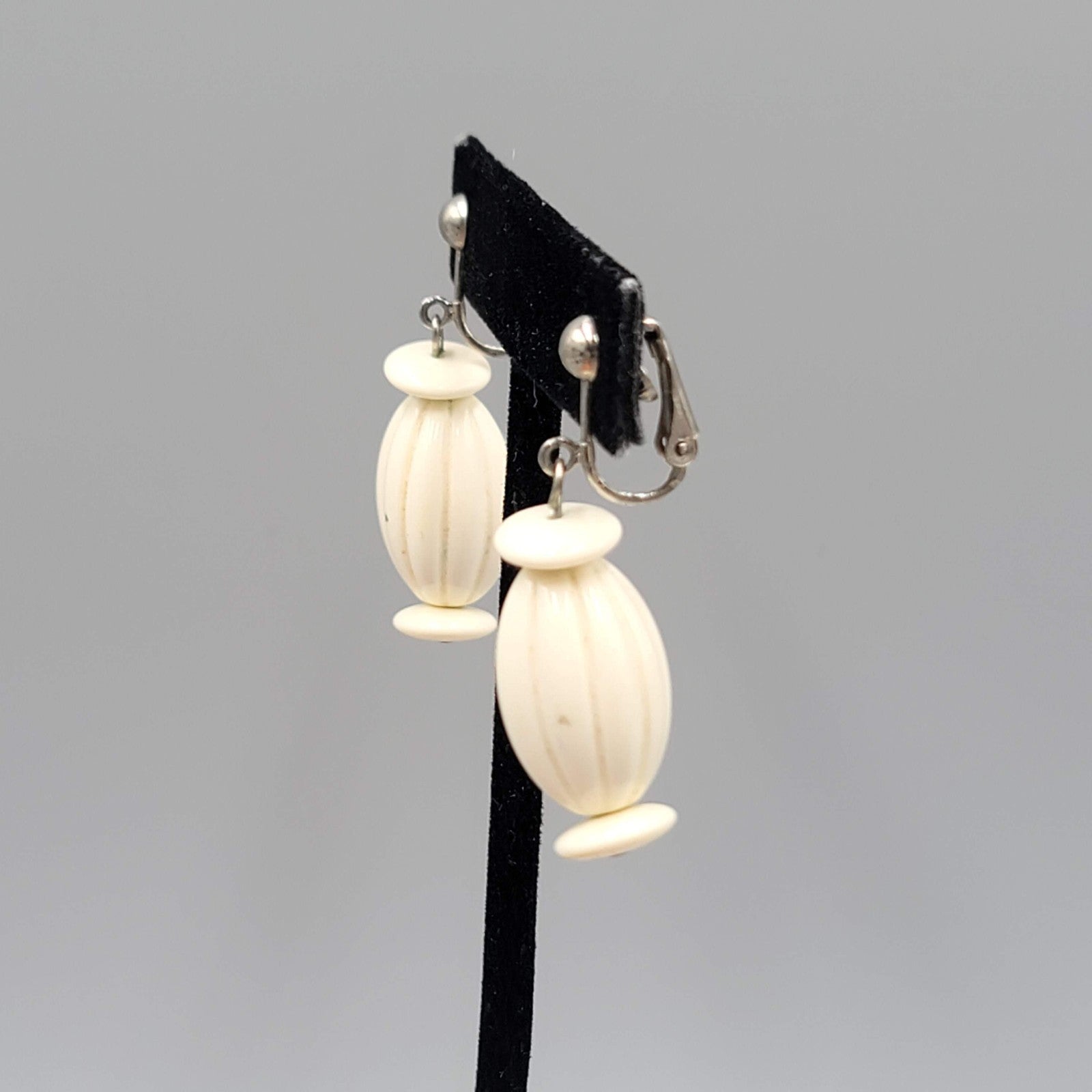 Vintage White Bead Clip on Earrings Silver tone Dangle  1.25"