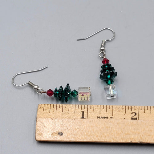 Crystal Stacked Bead Christmas Tree Pierced Earrings Silver tone Dangle 1 in