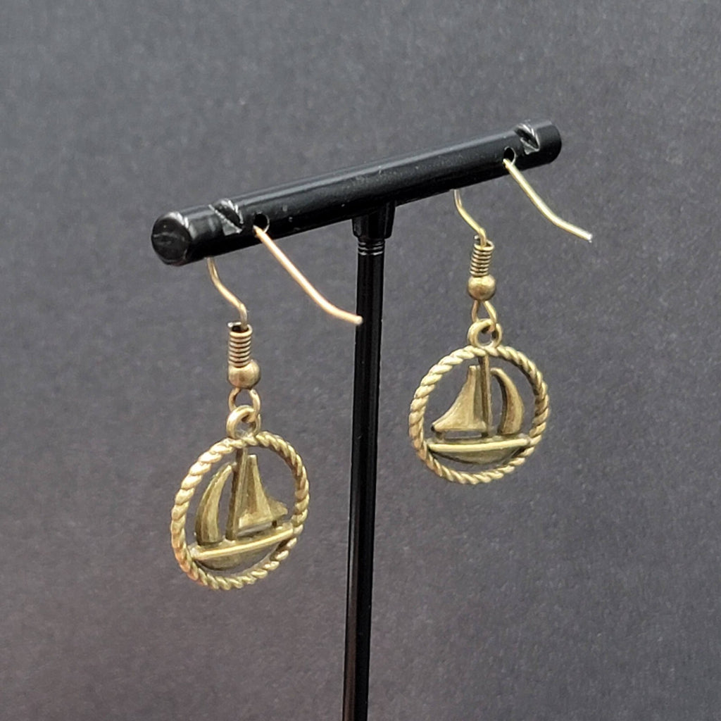 New Sailboat Pierced Earrings Bronze tone Ships Beach Sea Nautical Dangle 3/4"