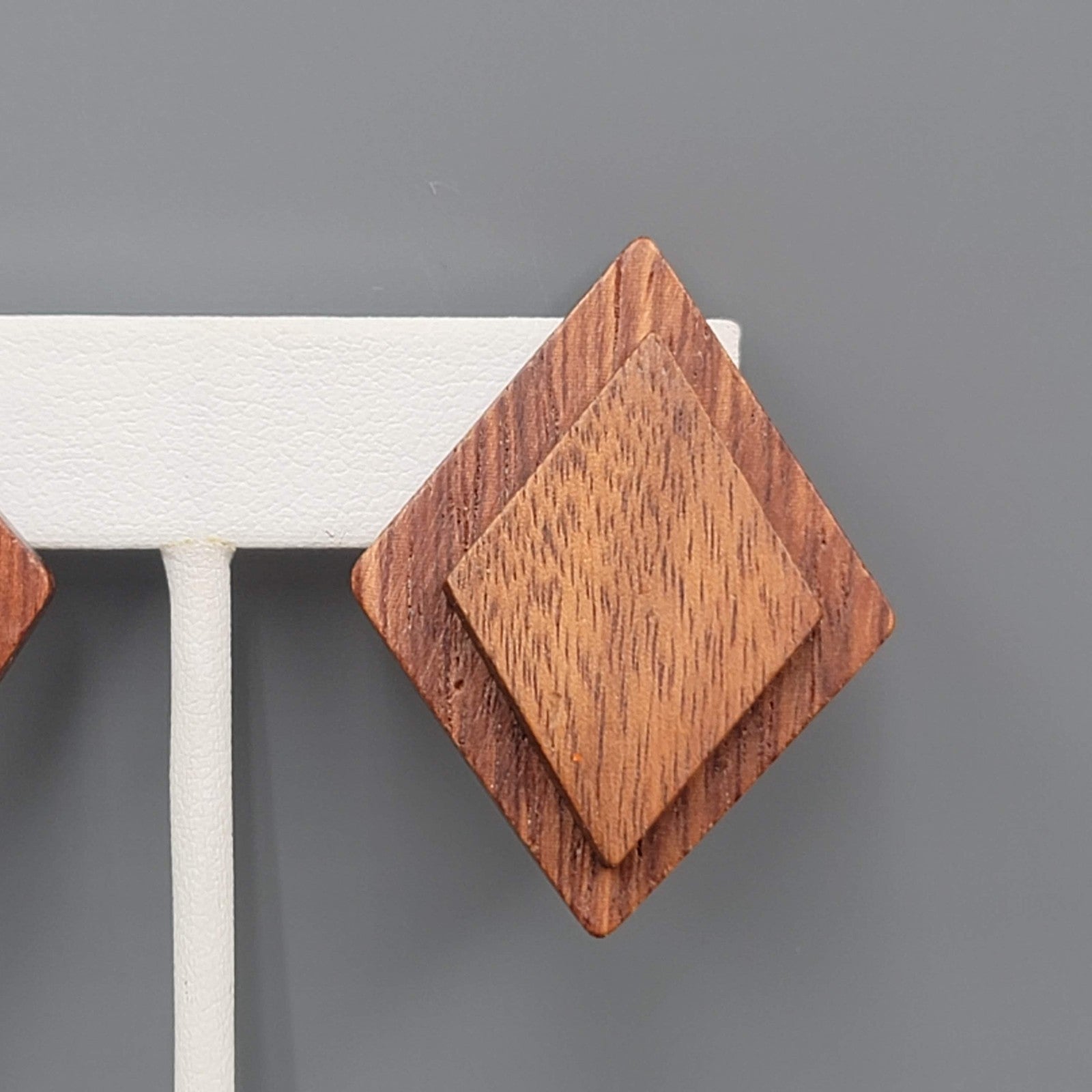 Vintage Wood Statement Pierced Earrings Drop 1 5/8"