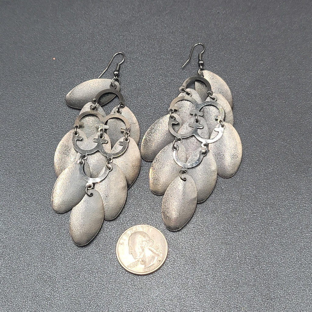 Pierced Earrings Gunmetal Gray Textured Layered Chandelier Dangle 4"