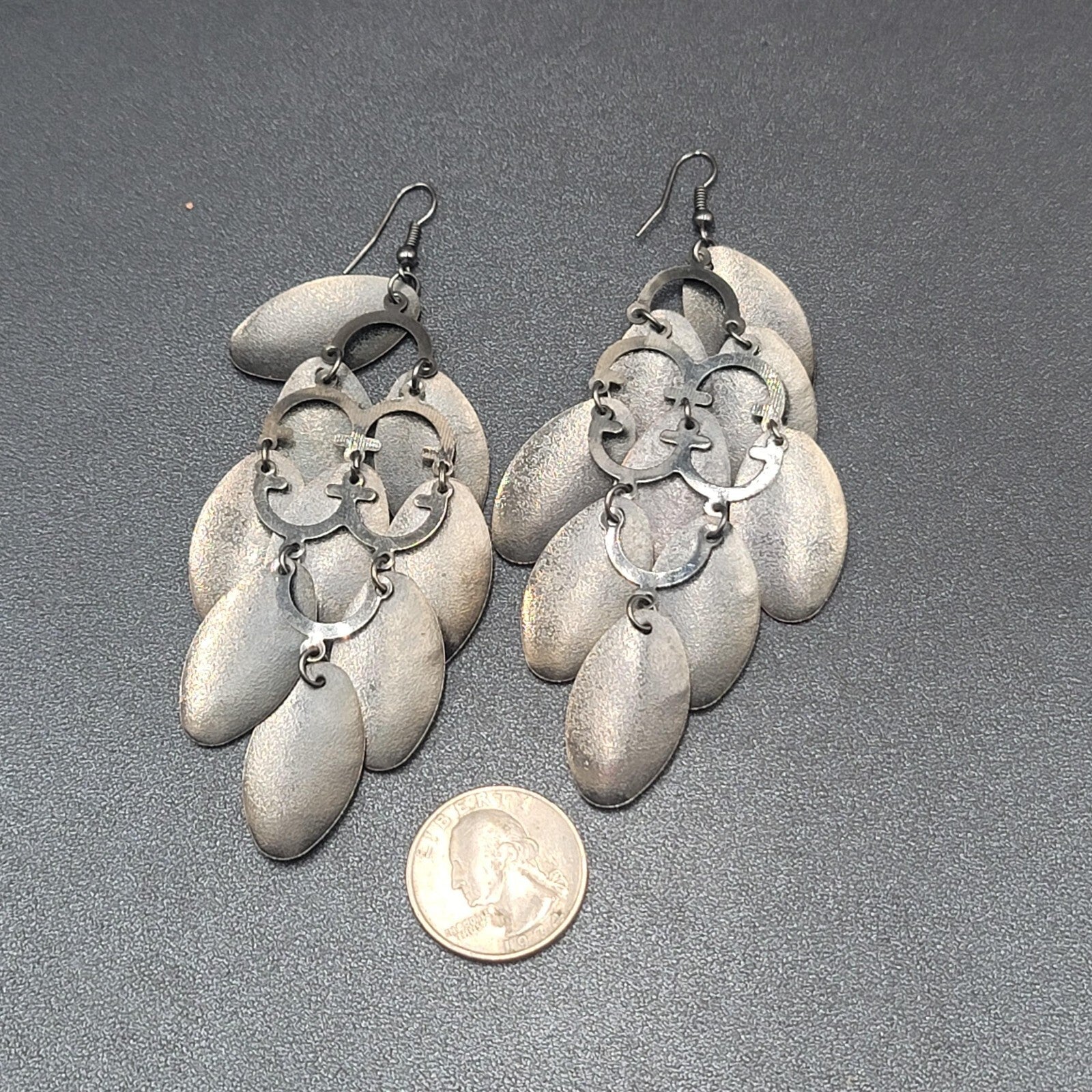 Pierced Earrings Gunmetal Gray Textured Layered Chandelier Dangle 4"