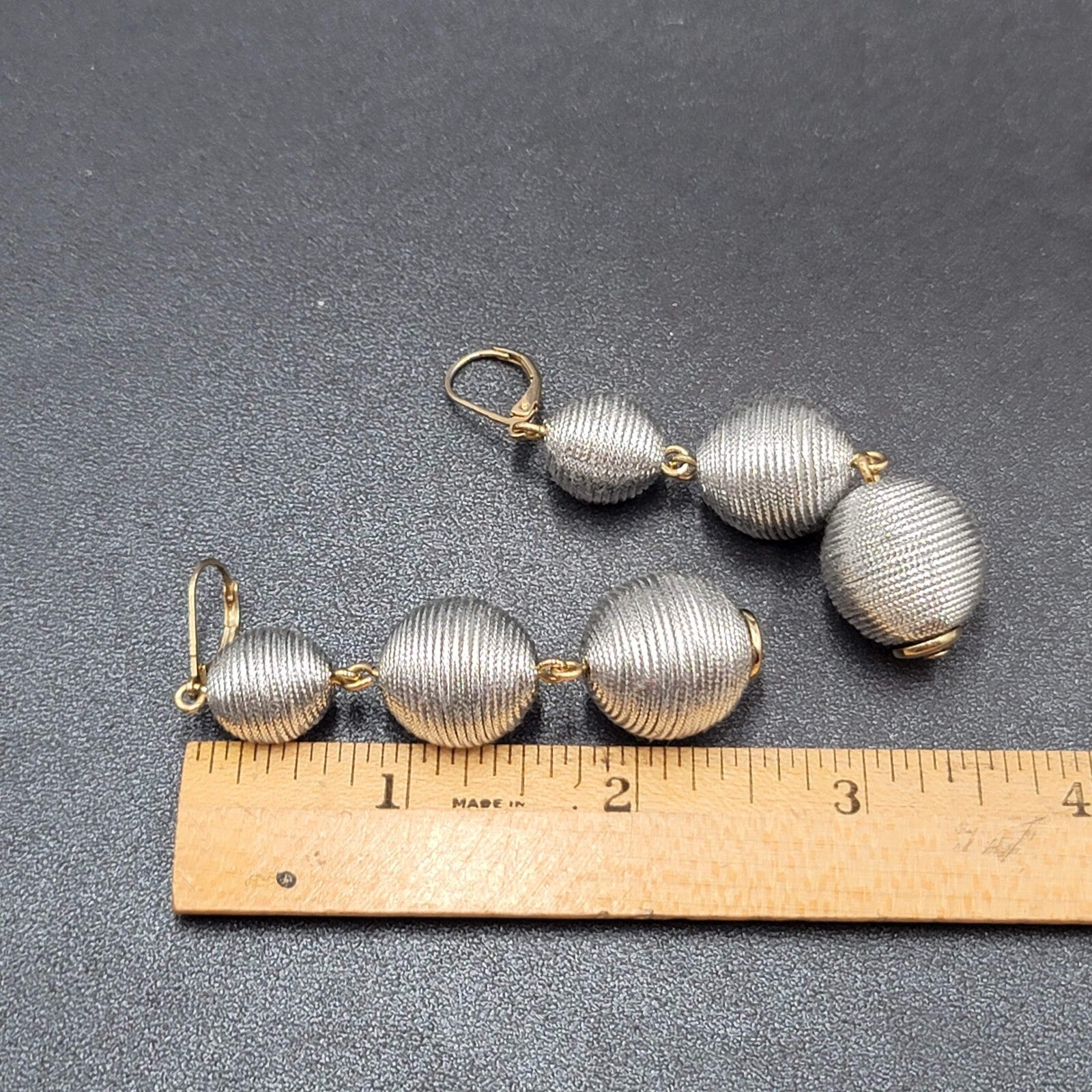 Pierced Earrings Silver tone Cord Covered Spheres Gold tone Leverback 2.5"