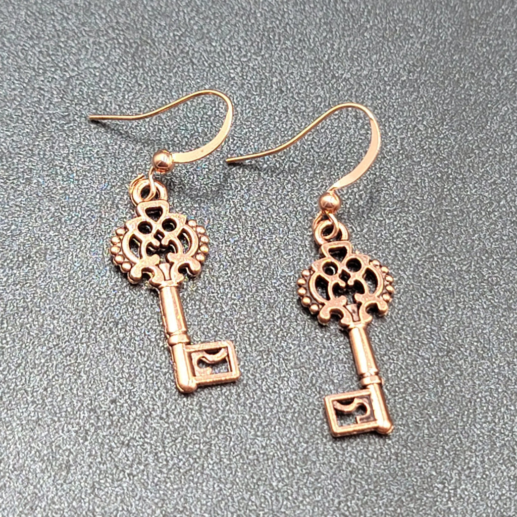 Skeleton Key Pierced Earrings Copper tone Dangle 1 1/8"