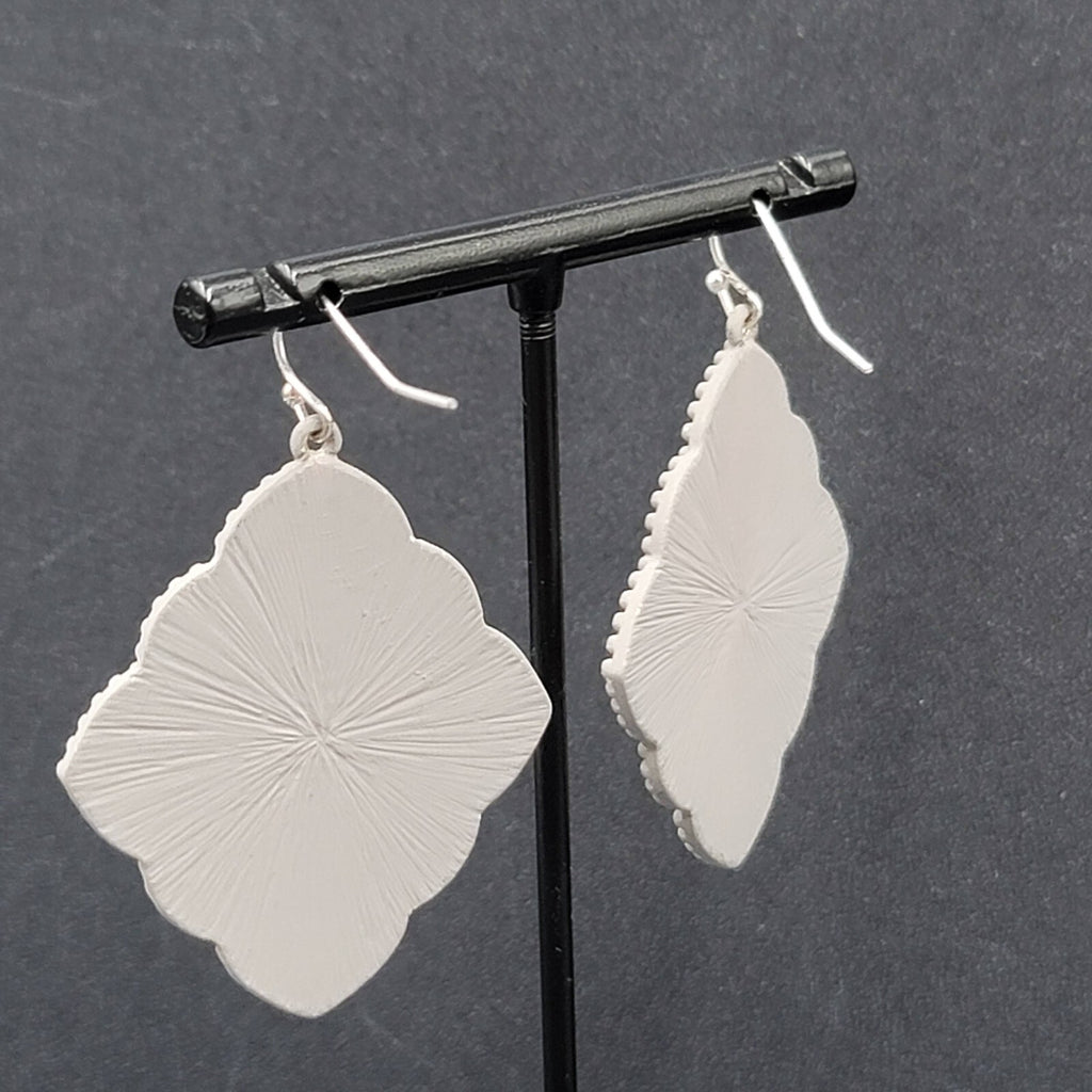 Pierced Earrings Silver tone Gray Enamel Filigree Enamel 1.75"