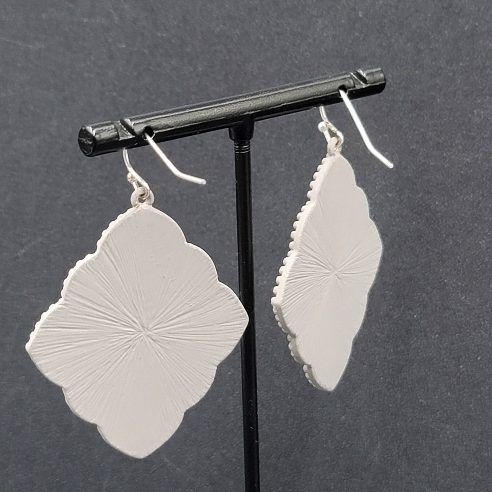 Pierced Earrings Silver tone Gray Enamel Filigree Enamel 1.75"