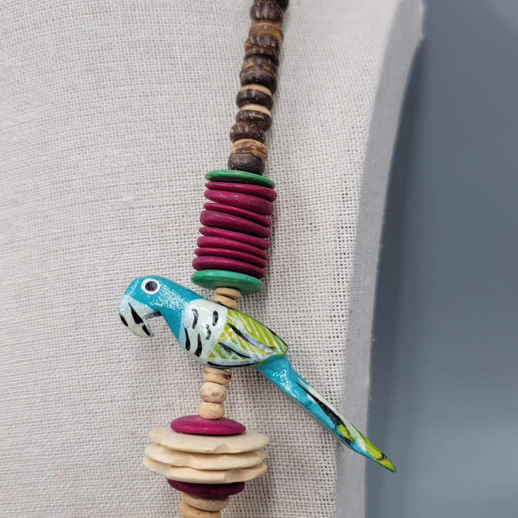 Vintage Coconut Wood Bead Necklace Bird Hand Painted 22" Estate Costume Jewelry