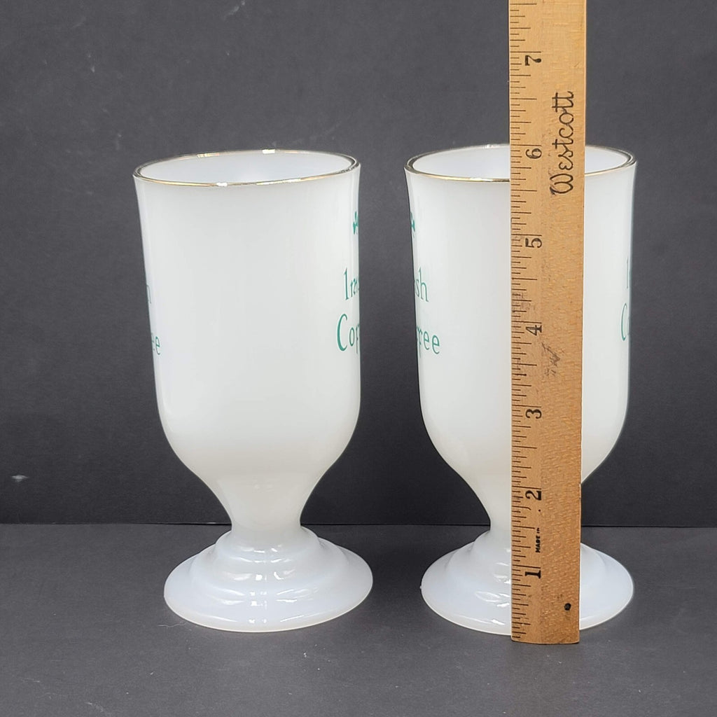 Irish Coffee Milk Glass Pedestal Cup Mugs White Green Barware Set Of 2!
