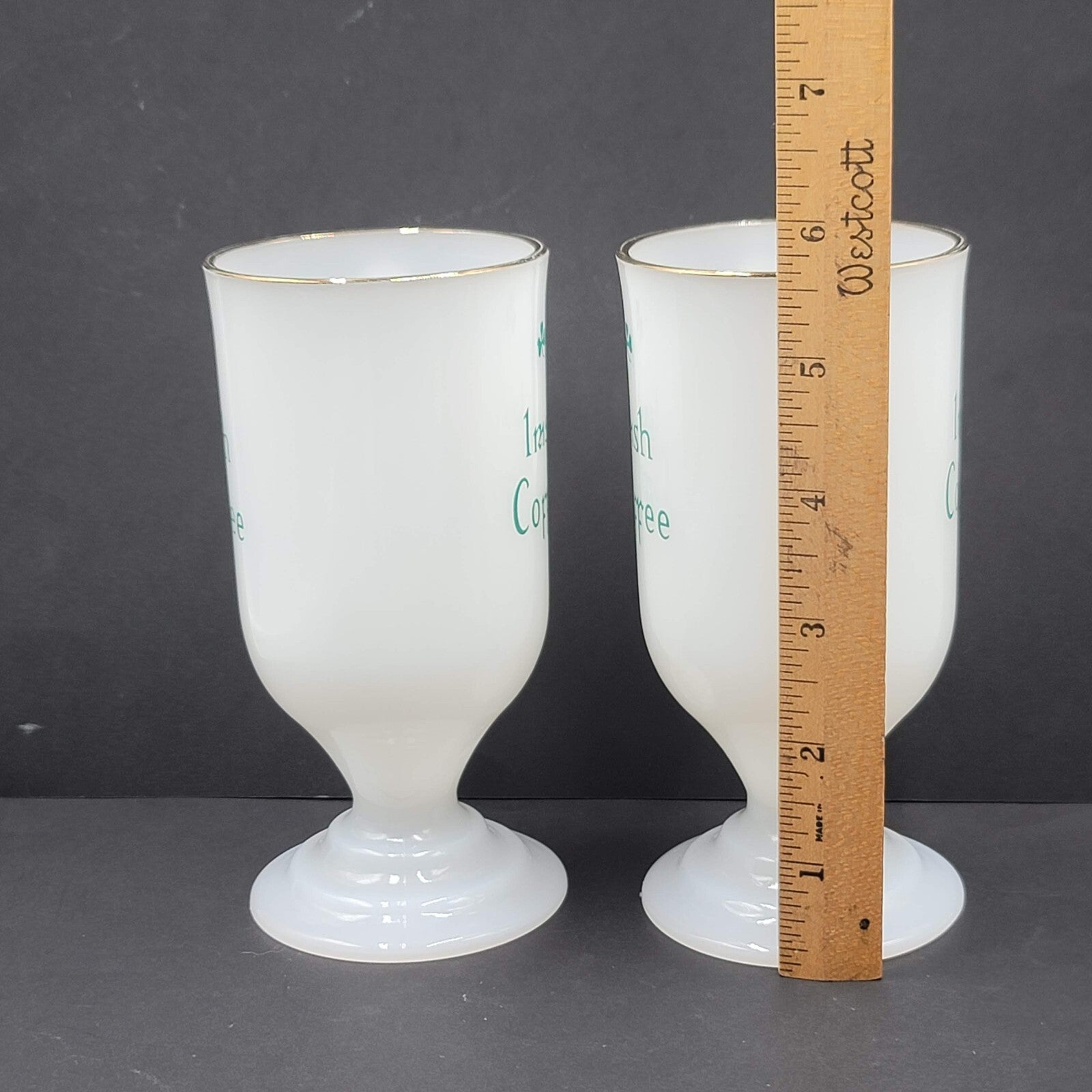 Irish Coffee Milk Glass Pedestal Cup Mugs White Green Barware Set Of 2!
