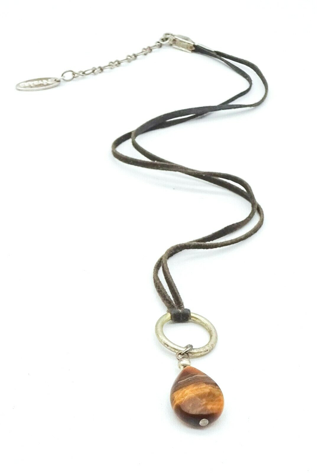 Signed NYGARD Tigers Eye Stone Pendant Necklace Suede Leather Cord 18" - 20"