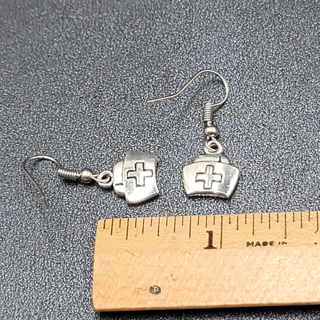 Nurse Cap Pierced Earrings Silver tone Retro Medical Dangle 1/2"