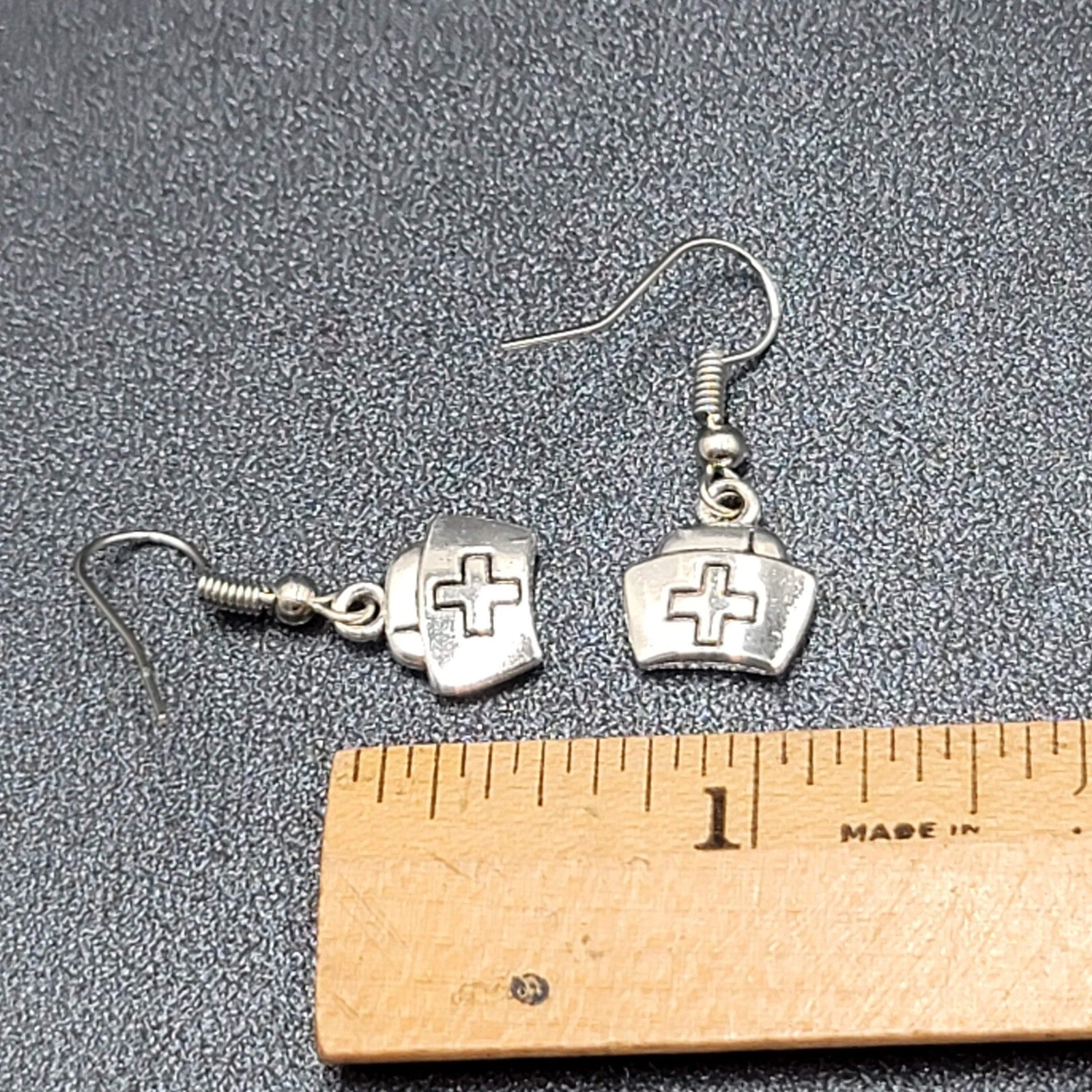 Nurse Cap Pierced Earrings Silver tone Retro Medical Dangle 1/2"