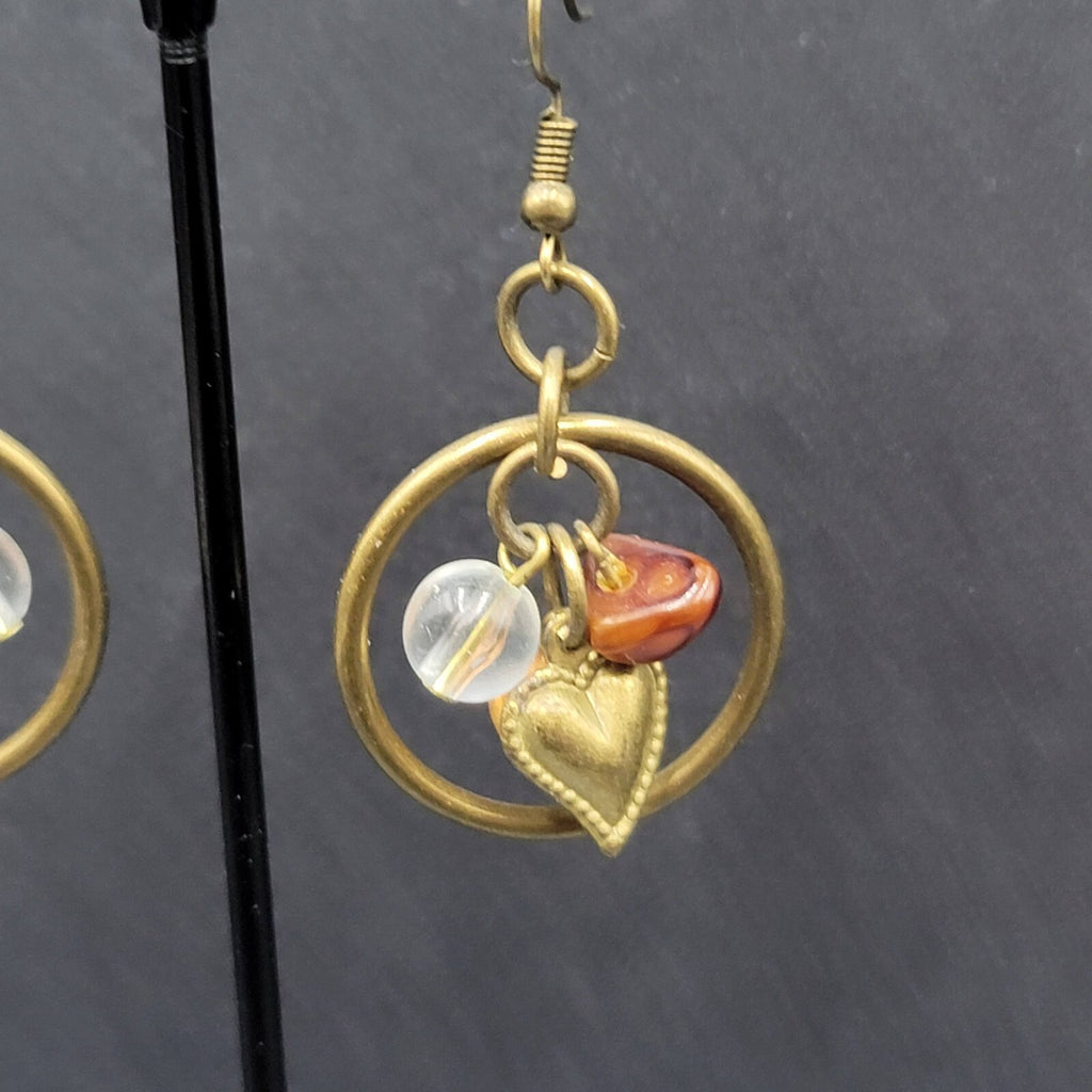 Pierced Earrings Bronze tone Heart Beaded Dangle 1"