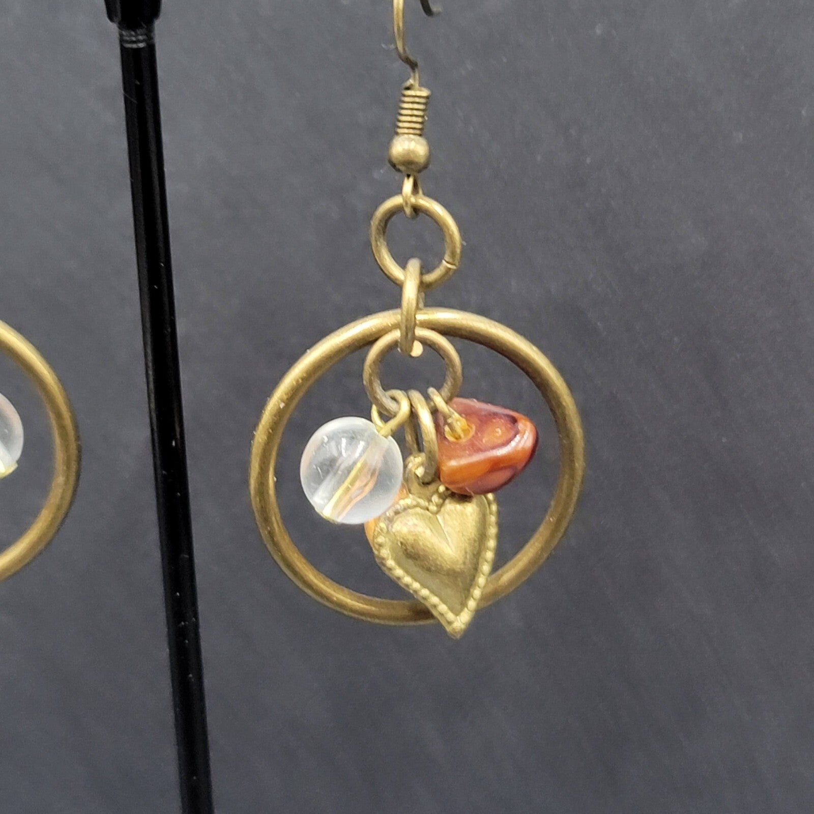 Pierced Earrings Bronze tone Heart Beaded Dangle 1"