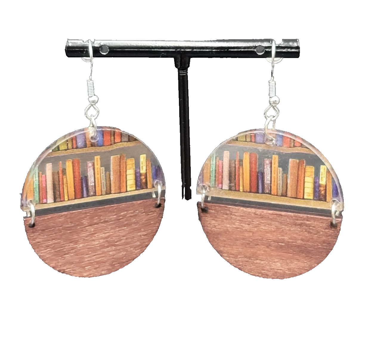 Pierced Earrings Wood and Resin Book Lovers Shelf Modernist Dangle 1 5/8"