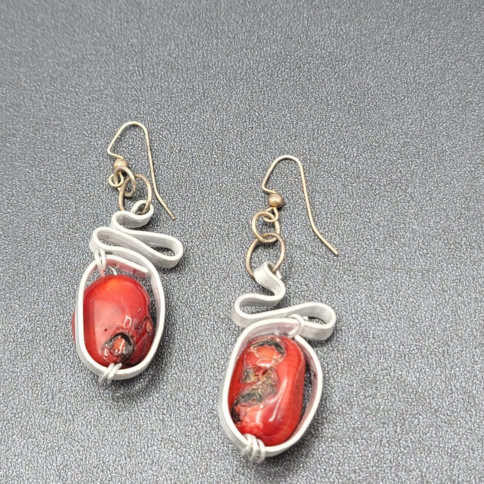Artisan Pierced Earrings Large Coral Bead Silver tone Dangle 2"