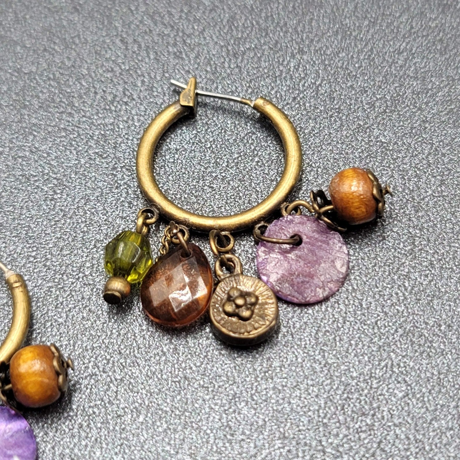 Pierced Earrings Green tone Green Orange Purple Beads Hoops 1.25"