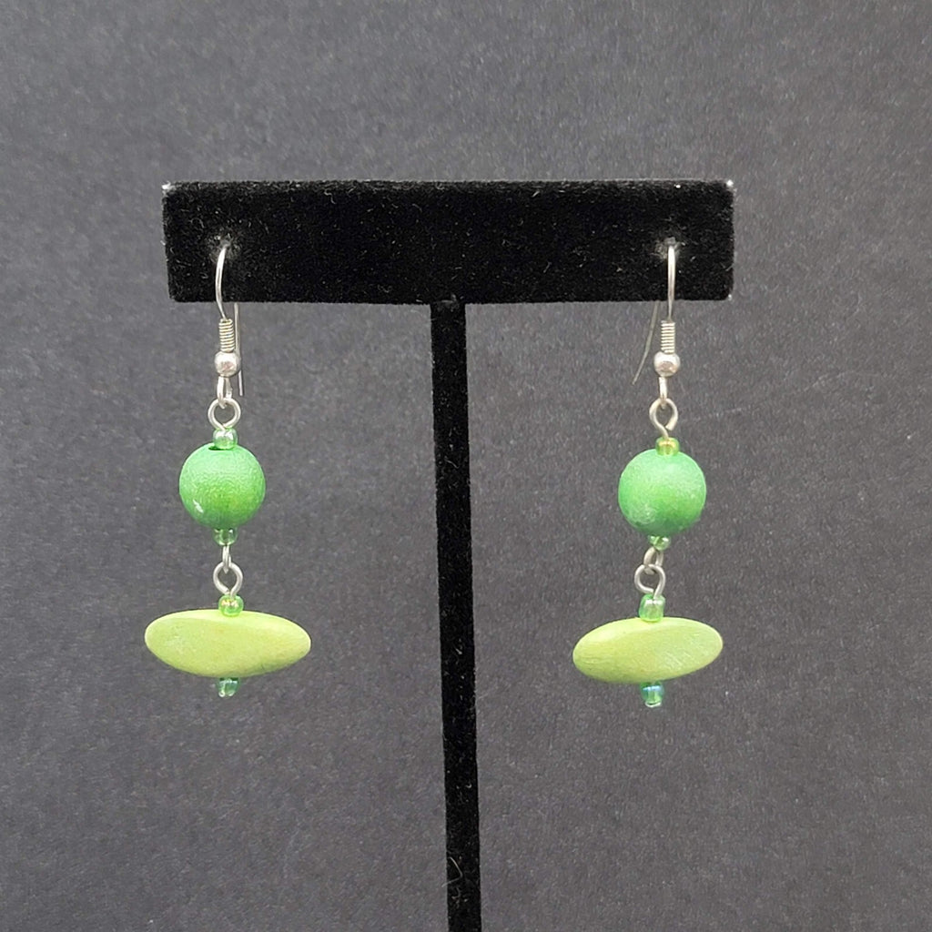 Pierced Earrings Silver tone Green Wood Bead Dangle 1.5"